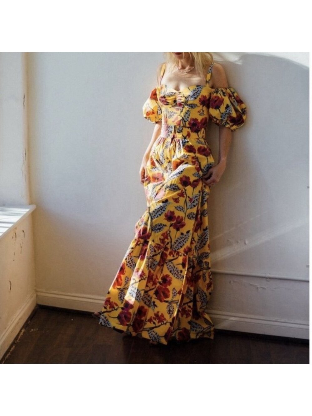 A.L.C. Lillie Yellow Pink Floral Button Front Ruffle Maxi Skirt